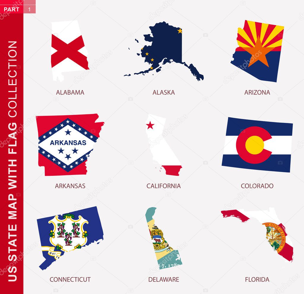US State Maps with flag collection, nine USA map contour with flag of Alabama, Alaska, Arizona, Arkansas, California, Colorado, Connecticut, Delaware, Florida