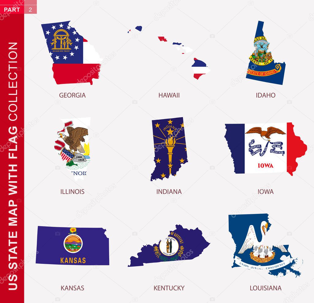 US State Maps with flag collection, nine USA map contour with flag of Georgia, Hawaii, Idaho, Illinois, Indiana, Iowa, Kansas, Kentucky, Louisiana