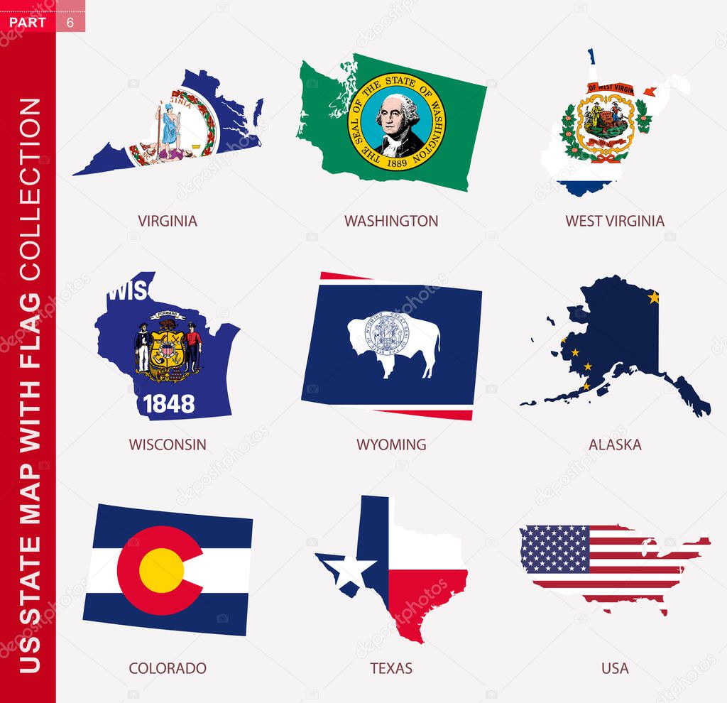 US State Maps with flag collection, nine USA map contour with flag of Virginia, Washington, West Virginia, Wisconsin, Wyoming, Alaska, Colorado, Texas, USA
