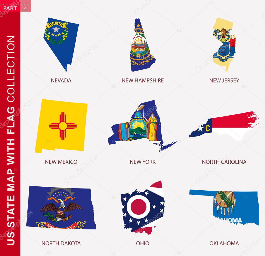 US State Maps with flag collection, nine USA map contour with flag of Nevada, New Hampshire, New Jersey, New Mexico, New York, North Carolina, North Dakota, Ohio, Oklahoma