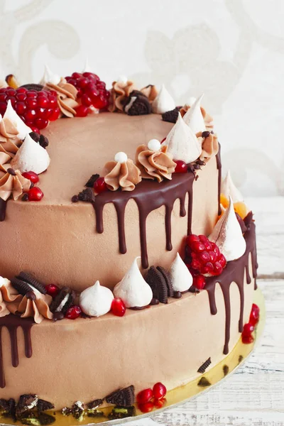 Ünnepi kétszintű gyümölcs csíkok csokoládé torta — Stock Fotó