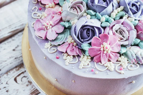 Birthday cake with flowers rose on white background