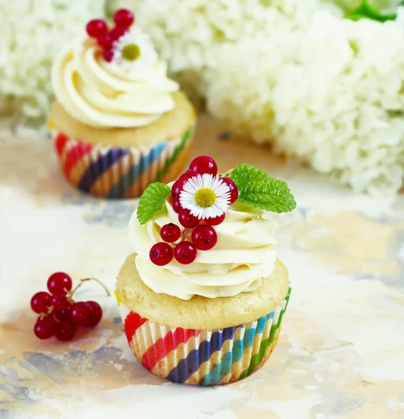 Bolo doce com creme e bagas em um fundo leve — Fotografia de Stock