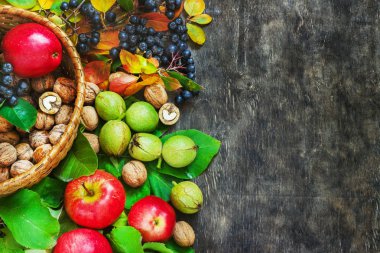Ürün yelpazesine organik meyve çilek elma üzüm Şam ceviz rowanberry koyu ahşap ülke arka plan sağlık doğal kavramı Üstten Görünüm