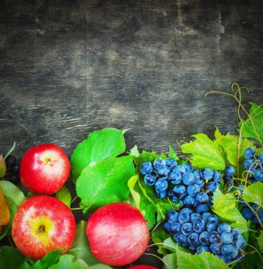 Ürün yelpazesine organik meyve elma üzüm Şam koyu ahşap ülke arka plan sağlık doğal kavramı Üstten Görünüm