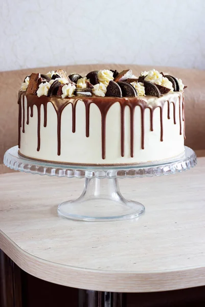 Male Stylish Chocolate Cake With Fudge Drizzled Icing And Curls Shot Homemade Stock Photo
