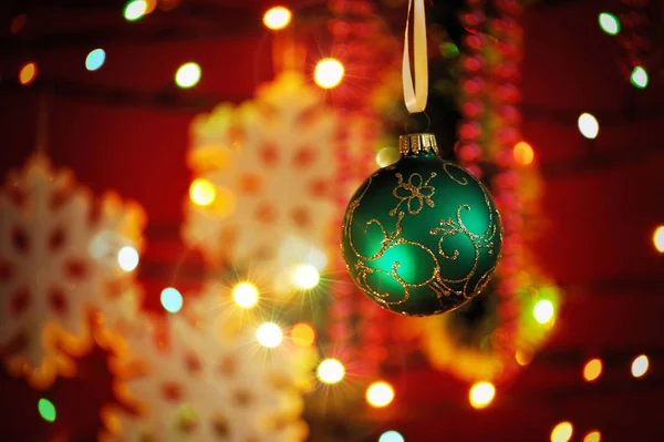 Christmas decorations against lights background . — Stock Photo, Image