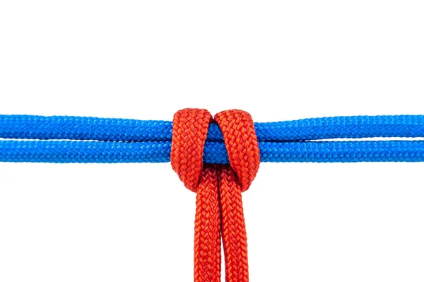 Two Red Blue Cords Connected Knot Cord Isolated White Background — Stock Photo, Image