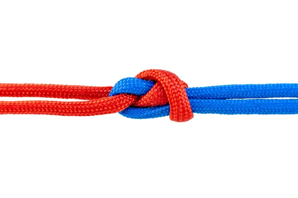 Two Red Blue Cords Connected Knot Cord Isolated White Background — Stock Photo, Image