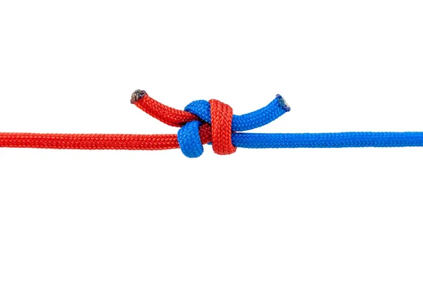 Two Red Blue Cords Connected Knot Cord Isolated White Background — Stock Photo, Image