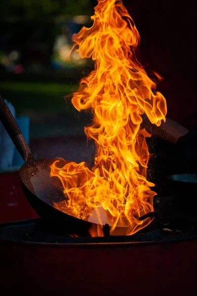 Cooking Street Food Hot Frying Pan Street Food Festival — Stock Photo, Image