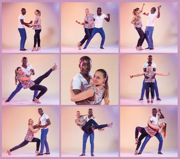 The collage from images of young couple dances social Caribbean Salsa