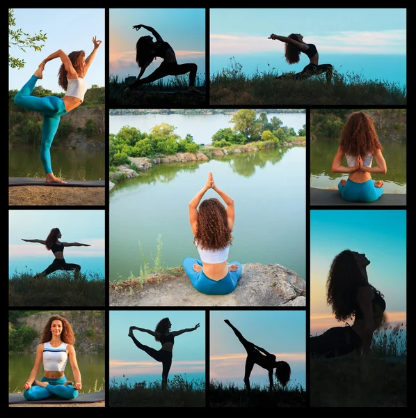 The collage from silhouettes of young woman practicing yoga — Stock Photo, Image