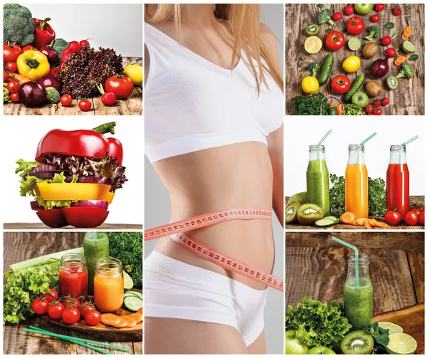 Jeune femme saine avec des légumes. Collage — Photo