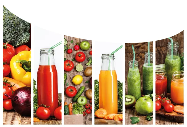 Le collage fron images de bouteilles avec des jus de légumes frais sur table en bois — Photo