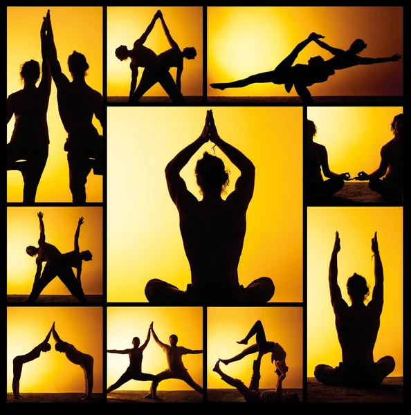 A colagem de imagens de duas pessoas praticando ioga na luz do pôr do sol — Fotografia de Stock