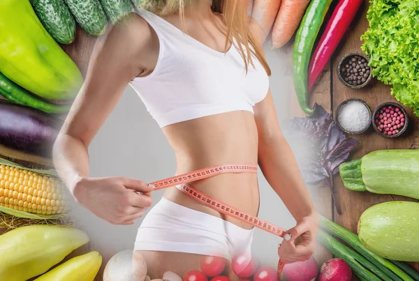 Mujer joven y saludable con verduras. Collage. — Foto de Stock