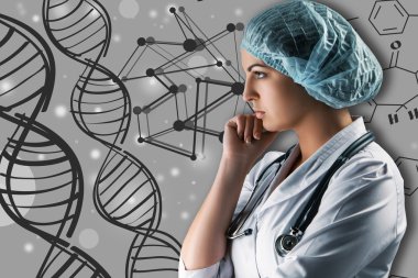 Bilimsel konularda kolaj. Gri arka plan üzerinde duran genç kadın doktor