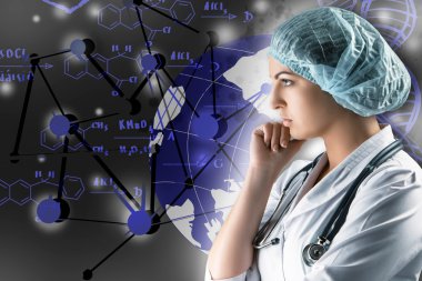 Bilimsel konularda kolaj. Gri arka plan üzerinde duran genç kadın doktor