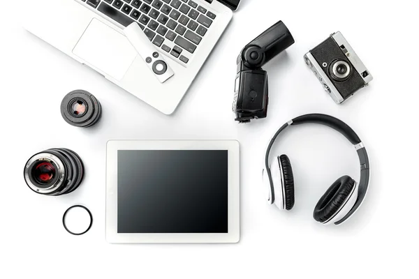 Workplace of business. Modern male accessories and laptop on white — Stock Photo, Image