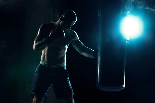 Male boxer boxing in punching bag — Stock Photo, Image