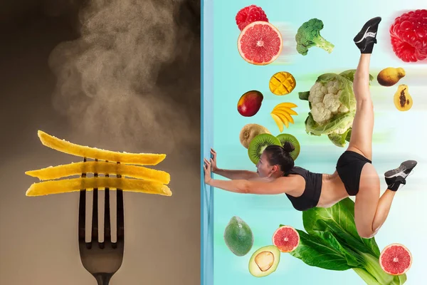 Le collage de la jeune belle femme avec un repas sain et nocif — Photo