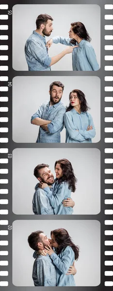 남자와 여자는 회색 배경에 통신 — 스톡 사진