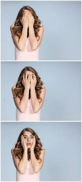 Portrait of young woman with shocked facial expression — Stock Photo, Image