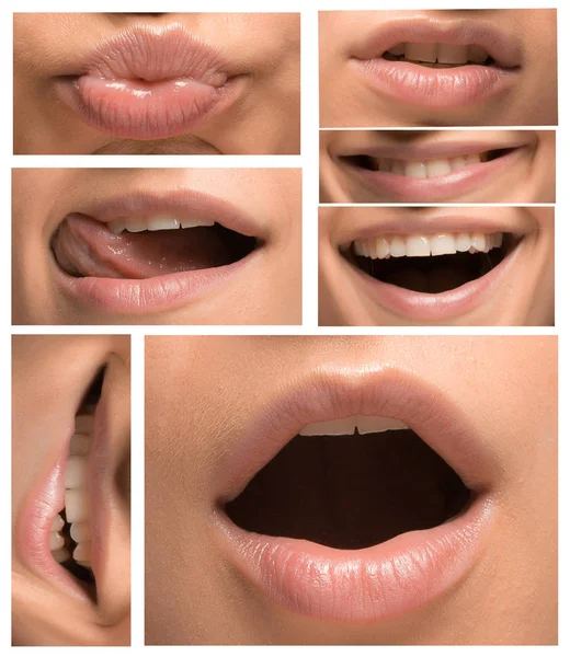 不同的嘴唇白种女人与情绪的拼贴画 — 图库照片