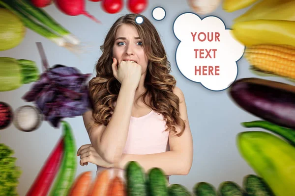 Giovane donna sana con verdure. Collage — Foto Stock