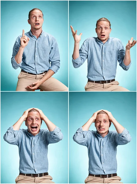 El joven sorprendido sobre fondo azul —  Fotos de Stock