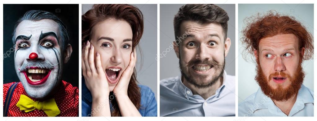 The collage of young man and woman face expressions