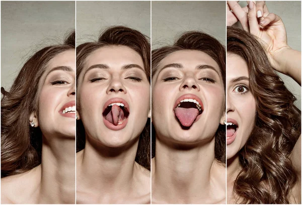 De collage van beelden van jonge dames portret met grappige emoties — Stockfoto