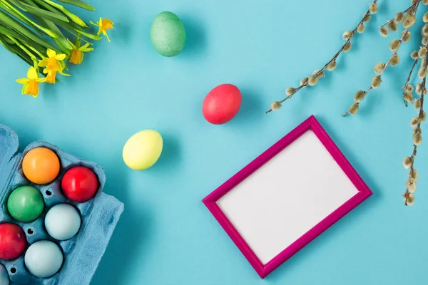 The top view of easter on blue table office workplace — Stock Photo, Image