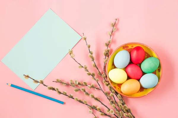 The top view of easter on pink table office workplace — Stock Photo, Image