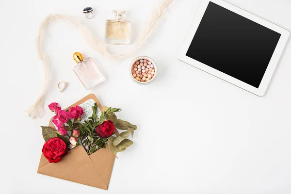 Top view of white office female workspace with laptop — Stock Photo, Image