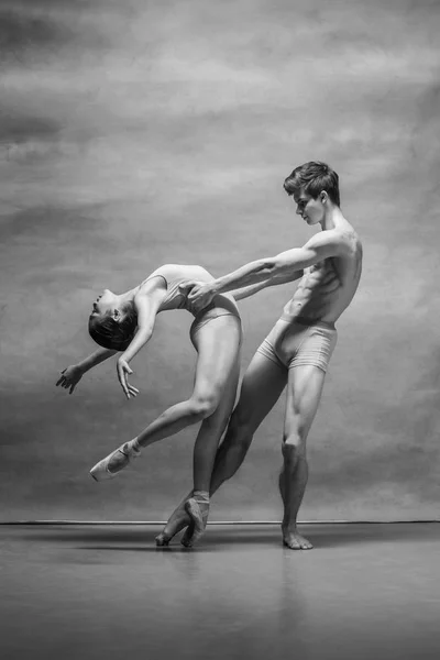 灰色の背景の上ポーズ バレエ ダンサーのカップル — ストック写真