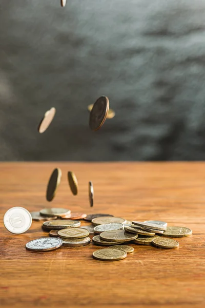 Silver Golden Coins Falling Coins Wooden Table Background — Stock Photo, Image