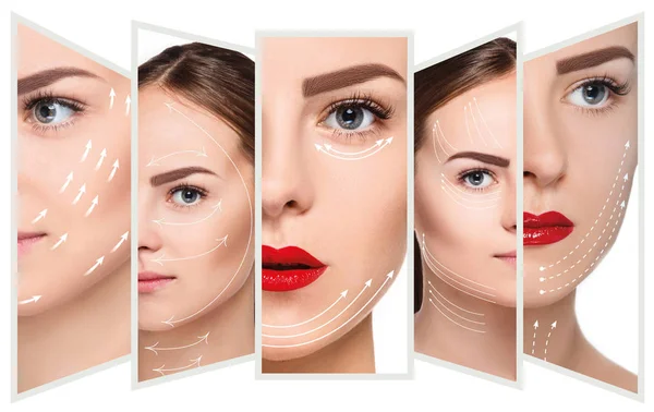 Genç kadın yüzü. Antiaging ve iplik kavram kaldırma — Stok fotoğraf