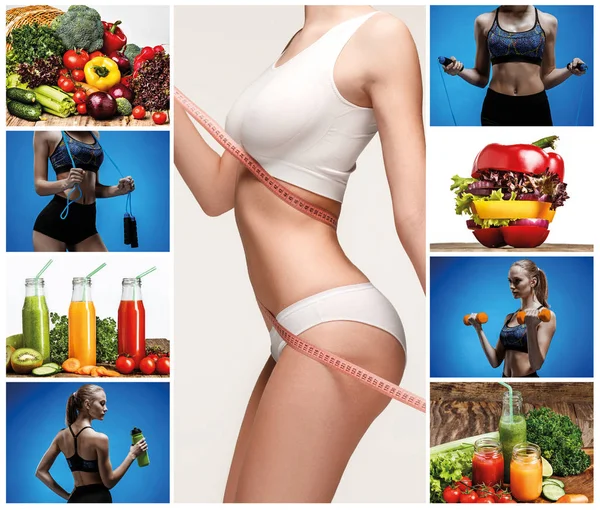 Mujer joven y saludable con verduras. Collage. —  Fotos de Stock