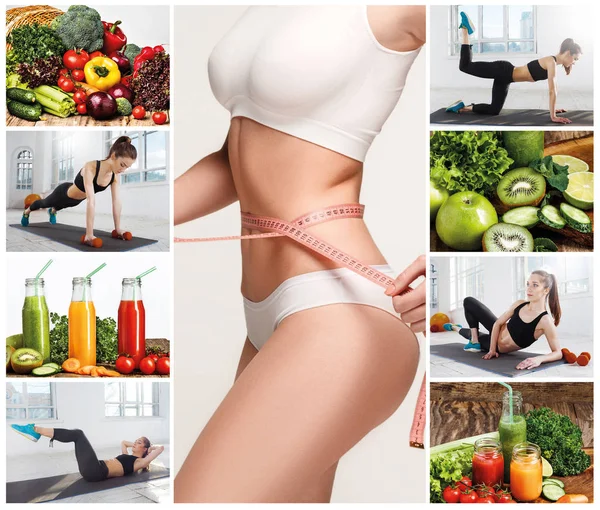 Mujer joven y saludable con verduras. Collage. —  Fotos de Stock