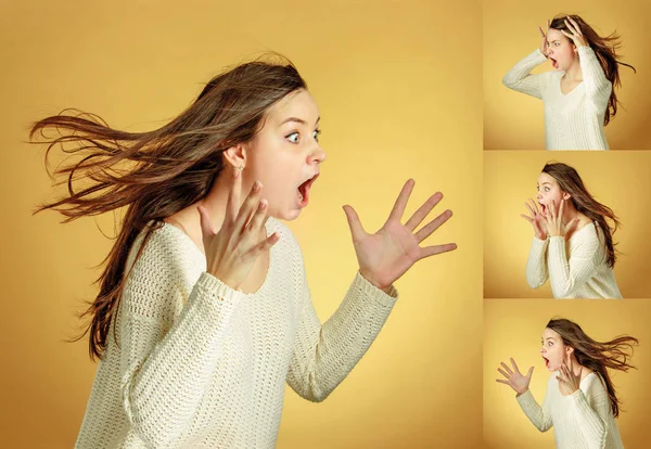 Retrato de mulher jovem com expressão facial chocada — Fotografia de Stock