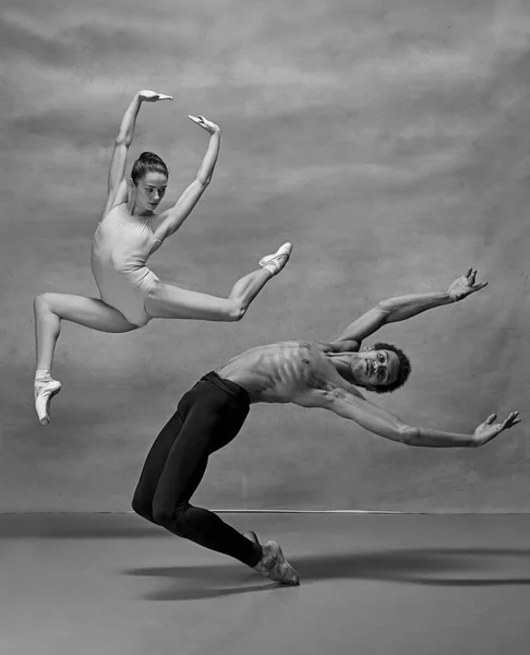 Пара артистов балета позируют на сером фоне — стоковое фото