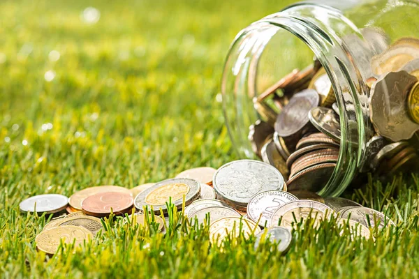 The coins at glass jar for money on green grass — Stock Photo, Image