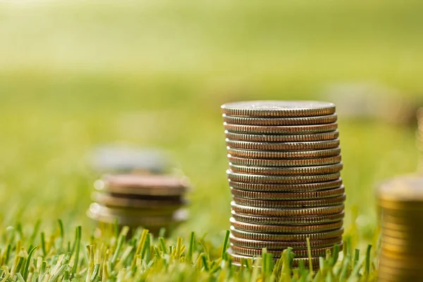 The columns of coins on grass — Stock Photo, Image