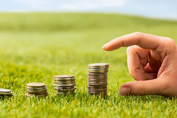 The columns of coins on grass — Stock Photo, Image