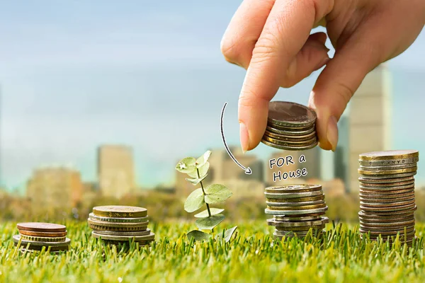 The columns of coins on grass — Stock Photo, Image