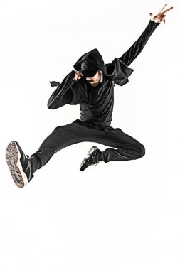 Beyaz arka plan üzerinde bir hip hop erkek break dansçı silüeti