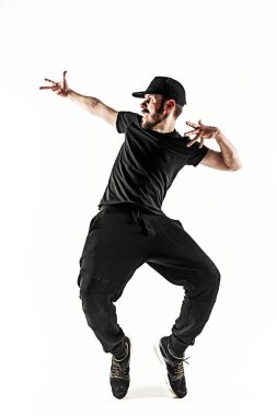 Beyaz arka plan üzerinde bir hip hop erkek break dansçı silüeti