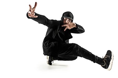 Beyaz arka plan üzerinde bir hip hop erkek break dansçı silüeti